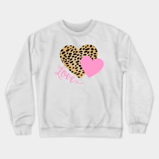 Cheetah Fur Pattern and Pink Hearts with Love Text Crewneck Sweatshirt